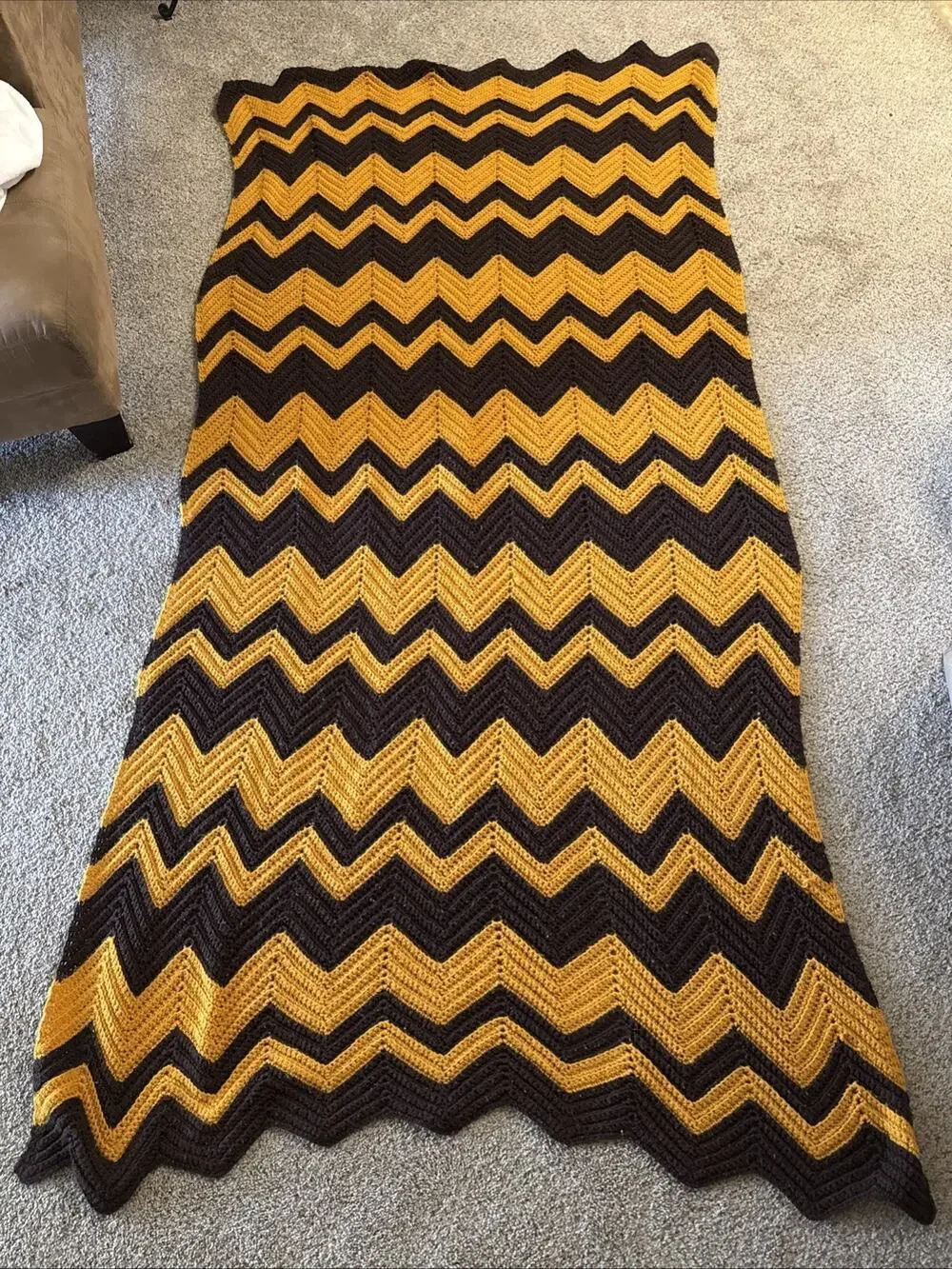 Hand Crochet Afghan vintage ZigZag Chevron Harvest Gold Brown 80”x48” MCM